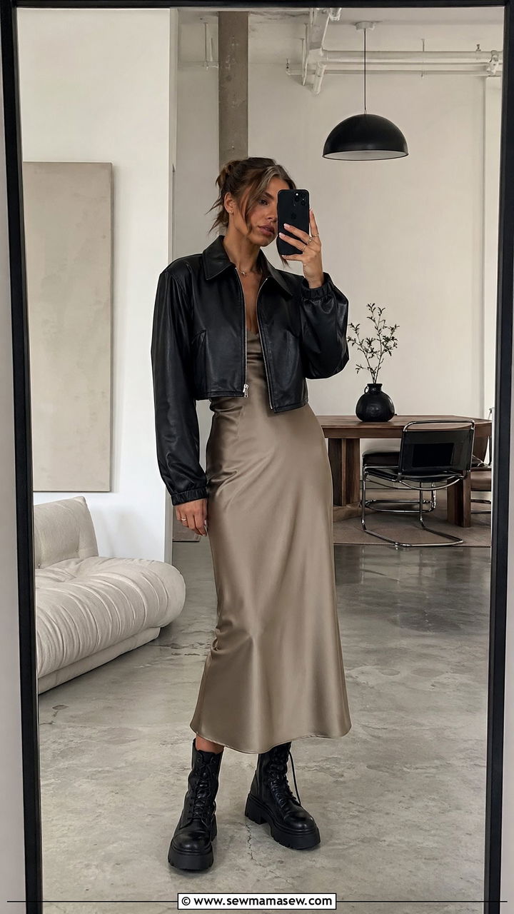Cropped Faux Leather Jacket With A Slip Skirt And Combat Boots - 35 Concert outfits for tall women