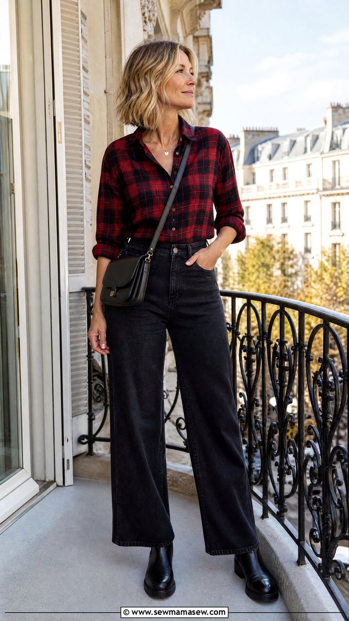 Cropped Flannel Shirt with High Waist Wide Leg Jeans and Chelsea Boots - 25 grunge outfit ideas for women over 40