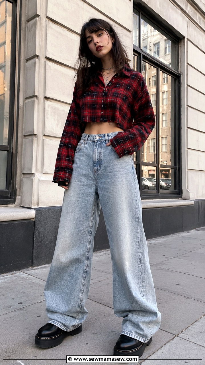 Cropped Flannel With Wide Leg Jeans and Platform Boots - 30 grunge outfits aesthetic