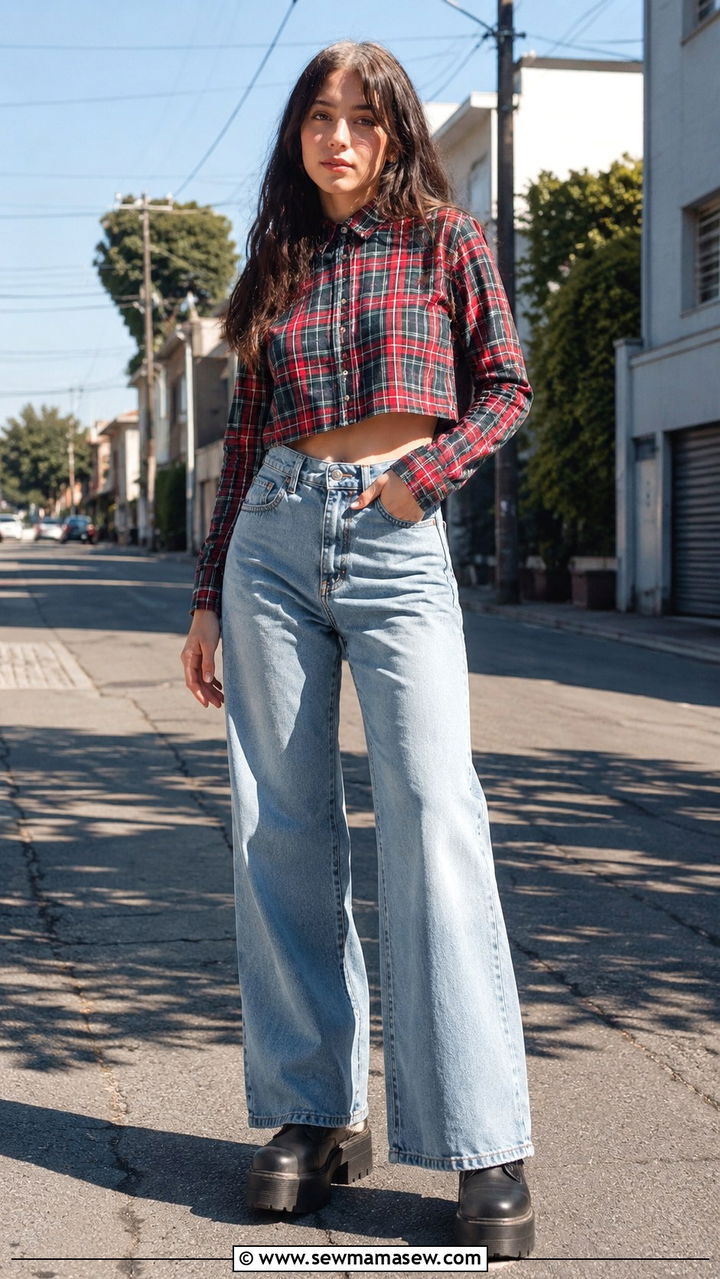 Cropped Flannel and Wide Leg Jeans Grunge Outfit - 20 grunge capsule wardrobe outfits