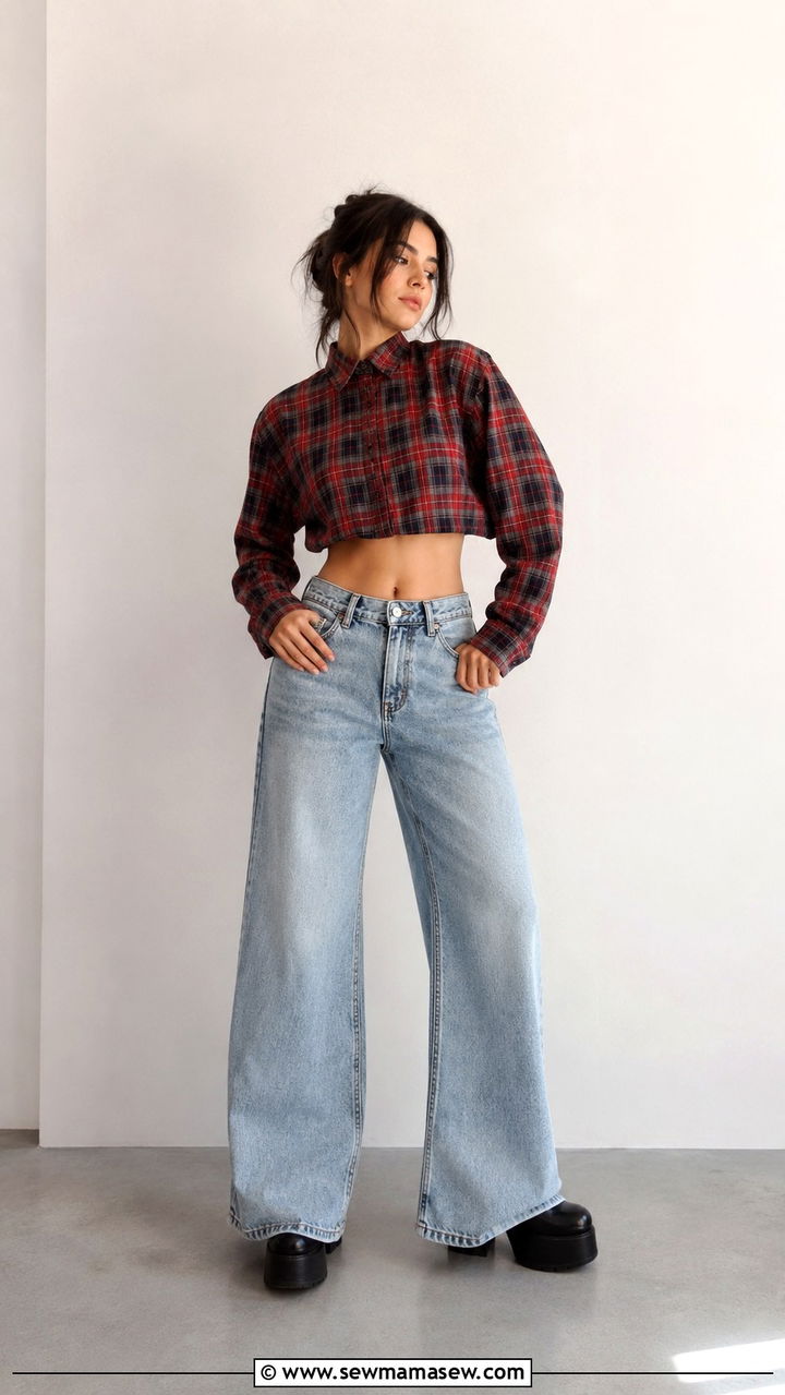 Cropped Flannel and Wide Leg Jeans with Platform Boots - 30 grunge outfits inspo