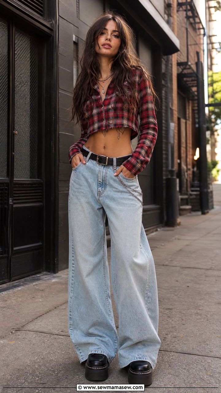 Cropped Flannel with Wide Leg Jeans and Platform Boots - 35 grunge outfit ideas for women
