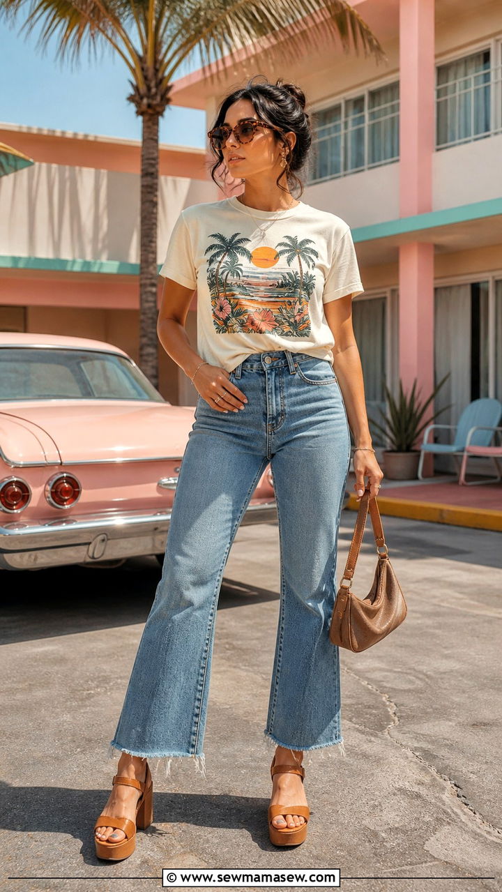 Cropped Flare Jeans And Platform Sandals Miami Vintage Vibe Outfit - 40 Miami outfit ideas