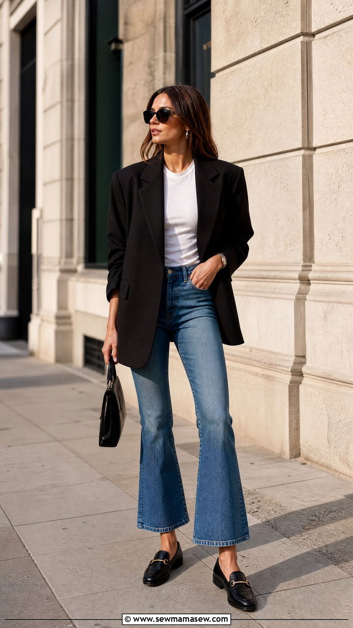 Cropped Flare Jeans With Oversized Blazer - 25 jeans outfits aesthetic
