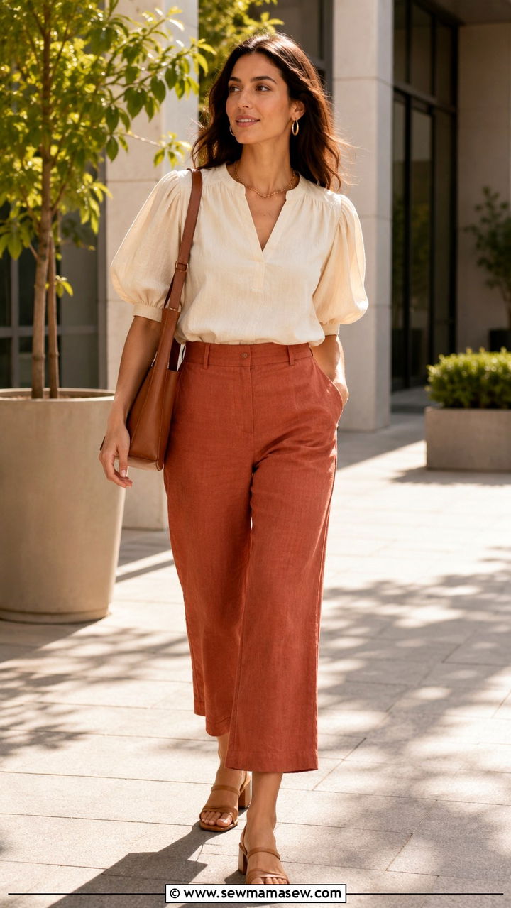 Cropped Flare Linen Pants with a Blouse - 30 Linen pants outfit ideas for work
