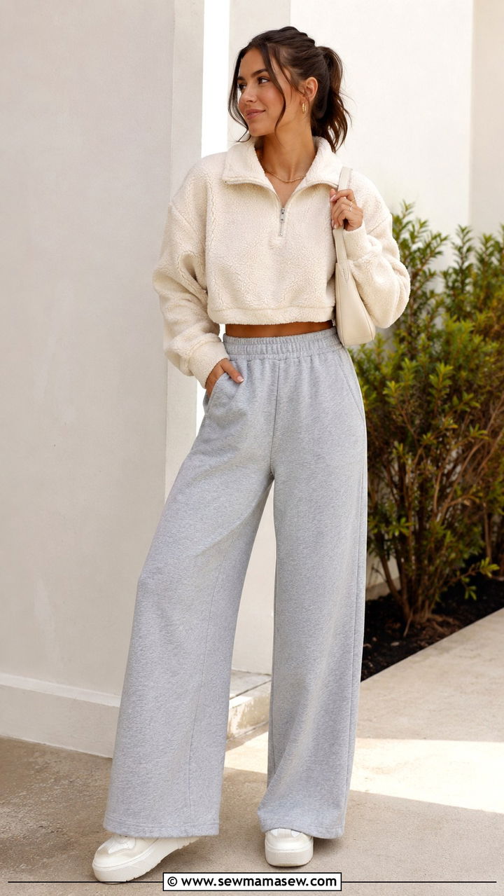 Cropped Fleece Pullover with High Waisted Wide Leg Sweatpants - 20 Loungewear outfit ideas school run