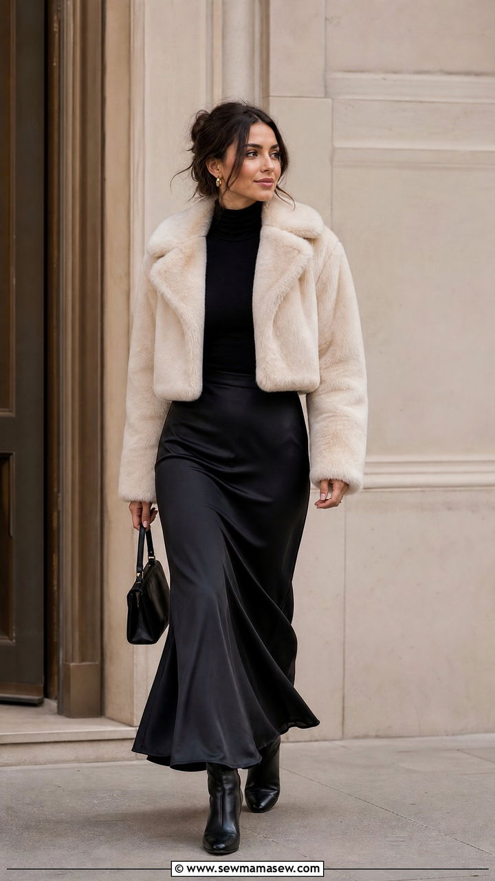 Cropped Fur Coat with Maxi Skirt and Ankle Boots - 35 Fur coat outfit ideas