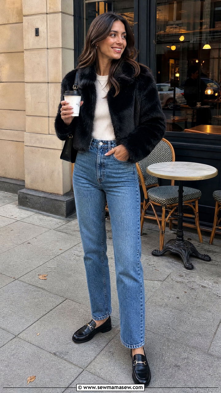 Cropped Fur Jacket with High Waisted Denim and Loafers - 35 Fur coat outfit ideas
