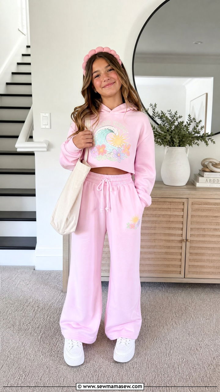 Cropped Graphic Hoodie and Wide Leg Sweatpants Outfit for Tweens - 20 Tween outfit ideas for girls 2026