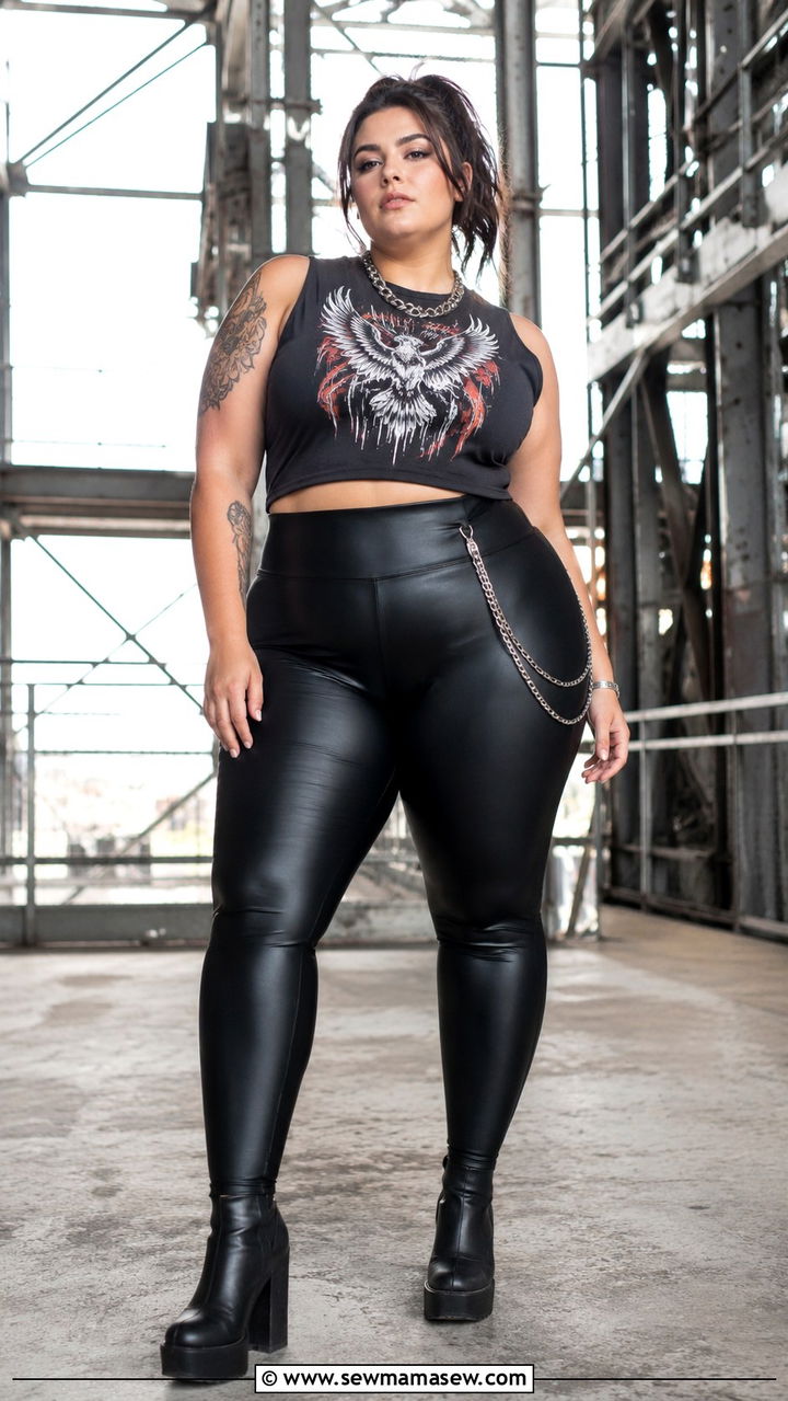 Cropped Graphic Muscle Tank With Leather Look Leggings And Platform Boots - 30 plus size music festival outfit ideas