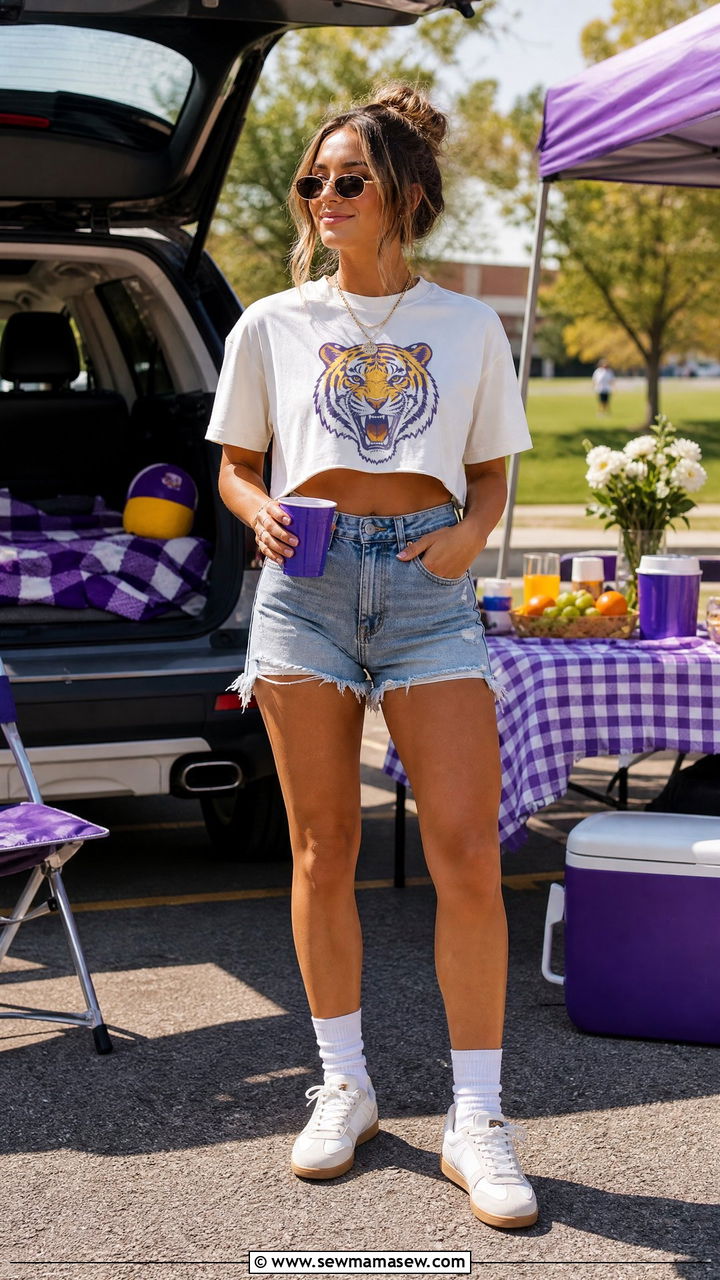 Cropped Graphic Tee And Denim Shorts Outfit - 35 Gameday outfit ideas spring