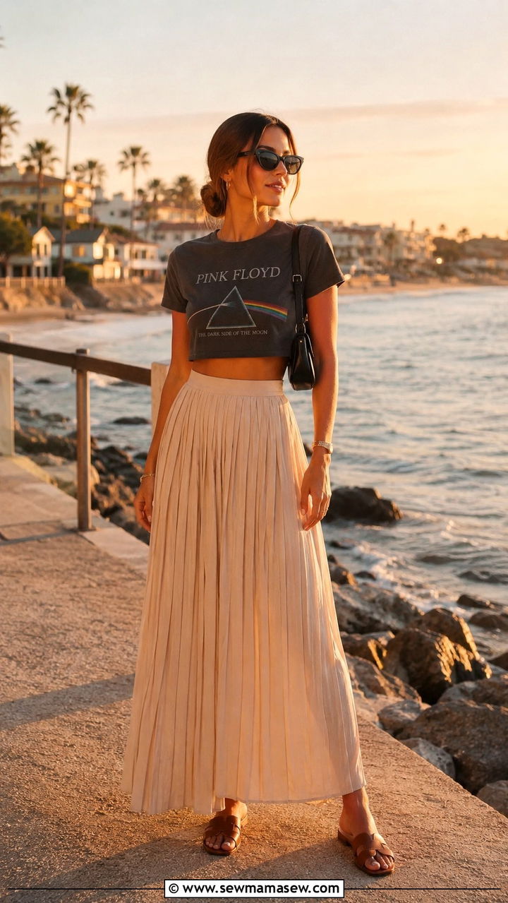 Cropped Graphic Tee And High Waisted Pleated Skirt Outfit - 30 Pleated skirt outfit ideas with a tee