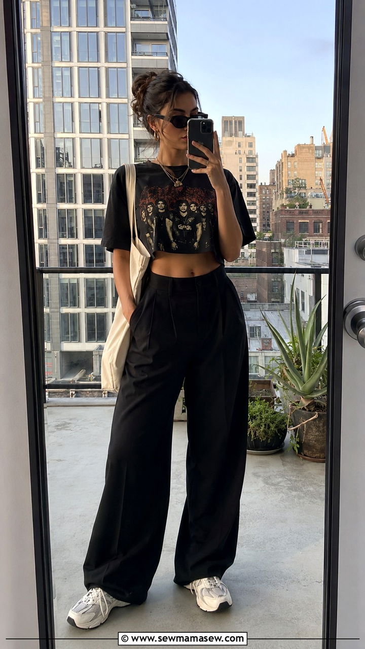 Cropped Graphic Tee With Black Wide Leg Pants and Chunky Dad Sneakers - 25 Wide leg black pants outfit ideas with a crop top