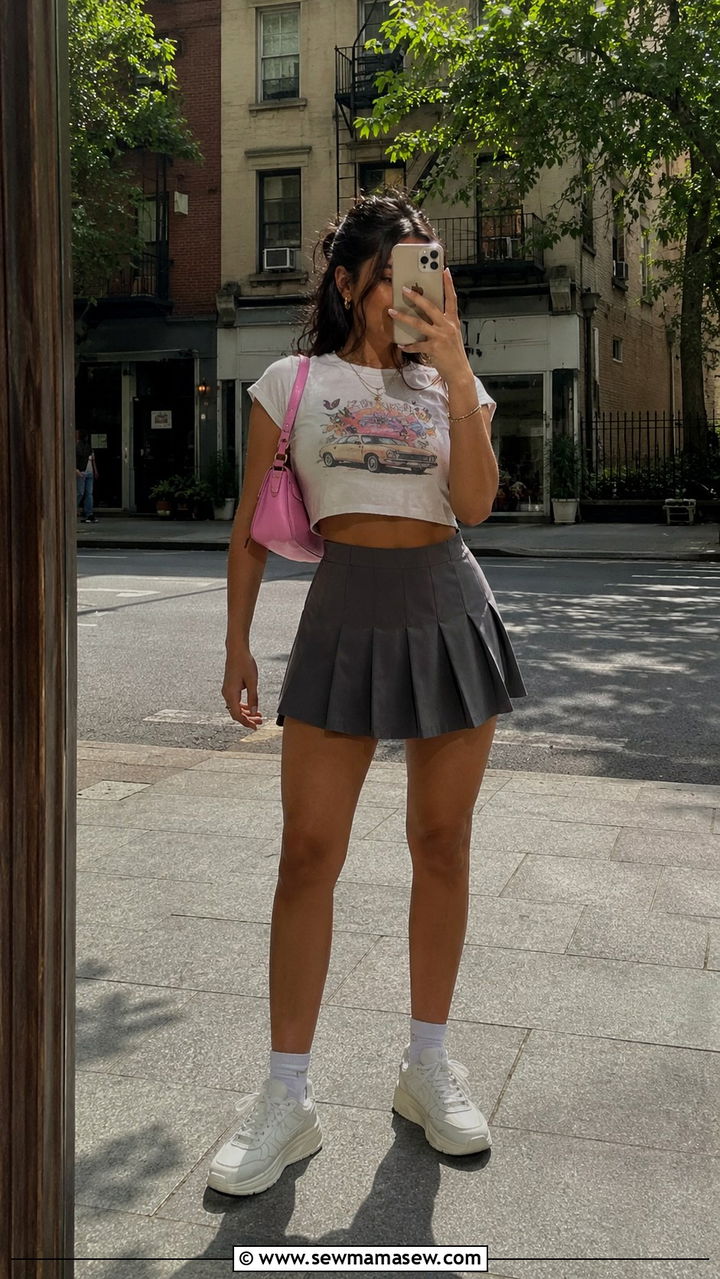 Cropped Graphic Tee with Pleated Mini Skirt and Chunky Sneakers - 20 fashion inspo outfits inspo