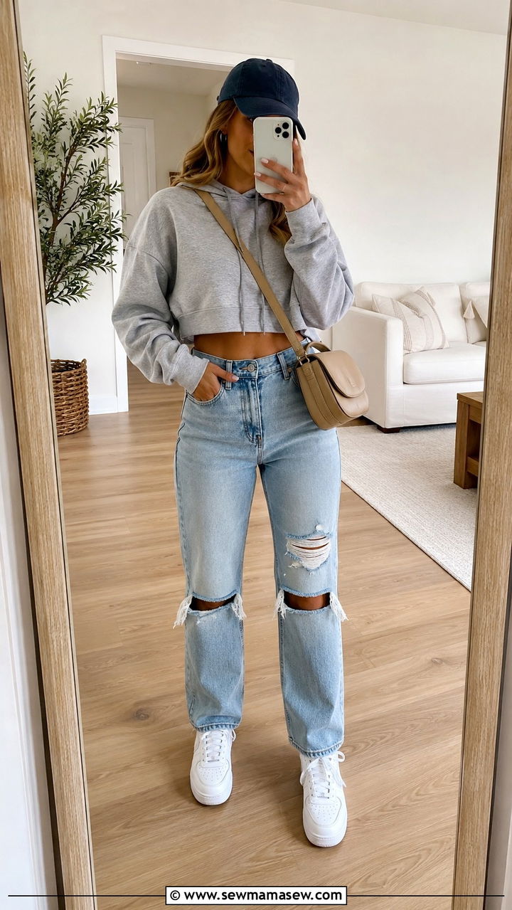 Cropped Gray Hoodie with Distressed Jeans - 20 Preppy spring outfits