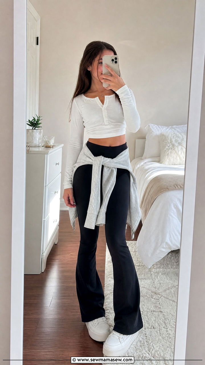 Cropped Henley Top With High Waisted Flare Leggings - 25 Petite outfit ideas for teens