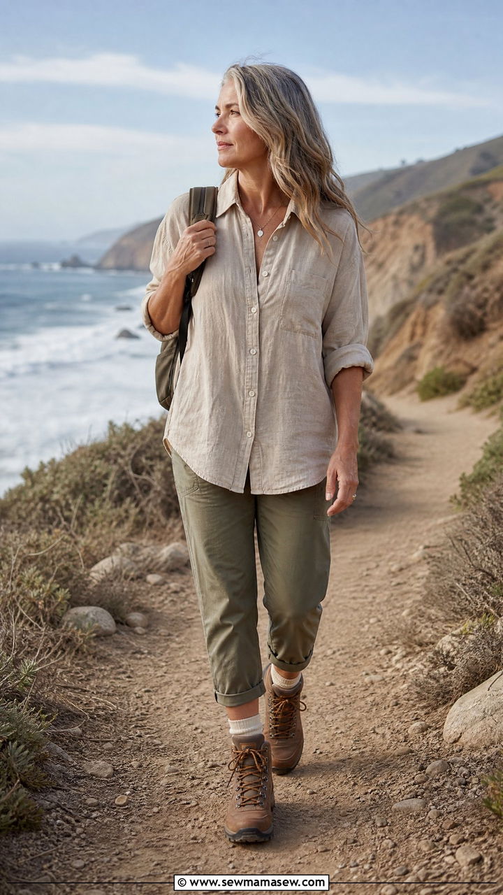 Cropped Hiking Pants With Oversized Linen Button Up - 30 Hiking outfit ideas for women over 40