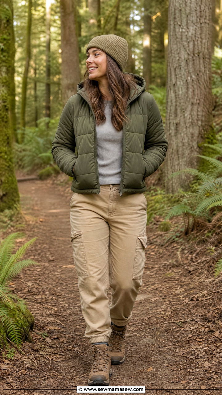 Cropped Hooded Quilted Coat With High Waisted Cargo Pants And Hiking Boots - 35 Hooded coat outfit ideas