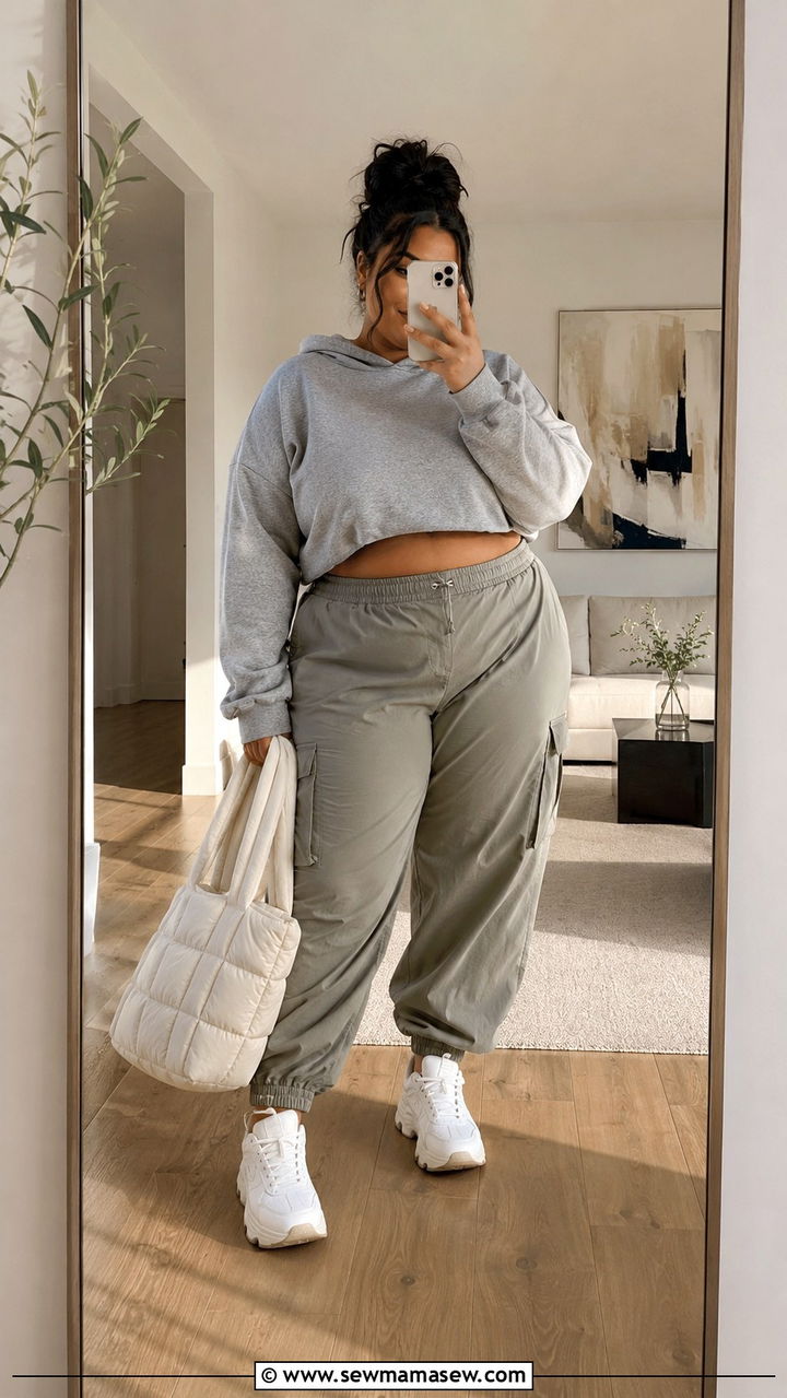 Cropped Hoodie With Cargo Joggers and Chunky Trainers - 30 Plus size outfit ideas with cargo pants