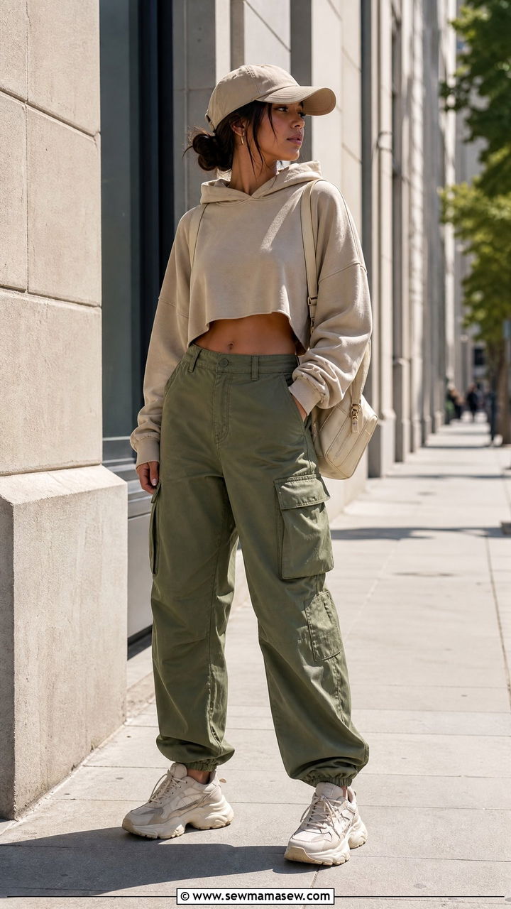 Cropped Hoodie With High Waist Cargo Pants And Dad Sneakers - 30 streetwear outfits ideas