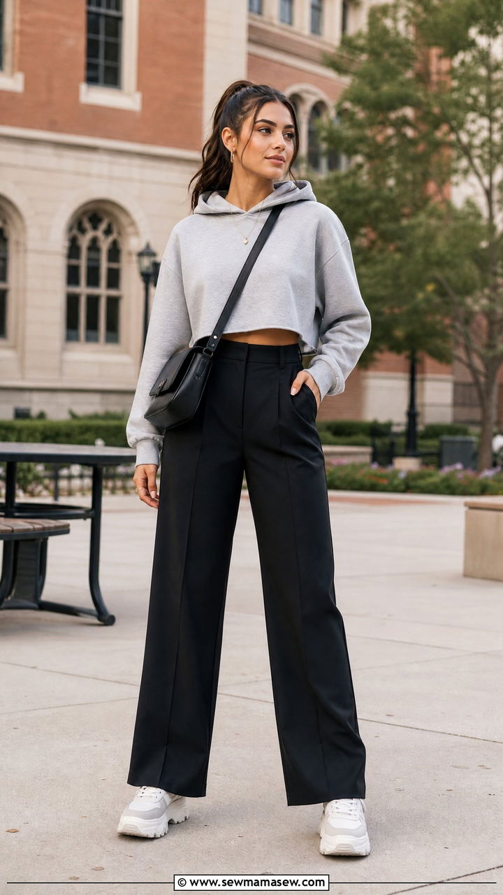 Cropped Hoodie With High Waist Trousers - 30 College senior outfit ideas