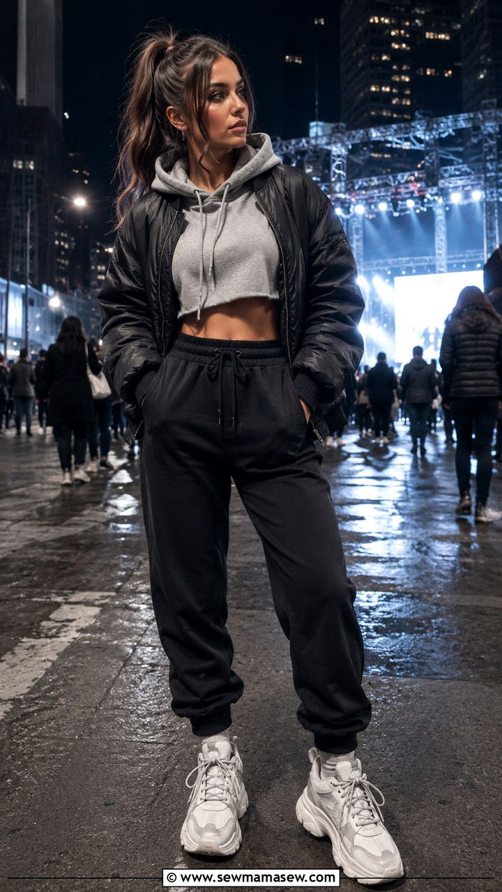 Cropped Hoodie With Joggers And Bomber Jacket Outfit - 30 chic concert outfits for women