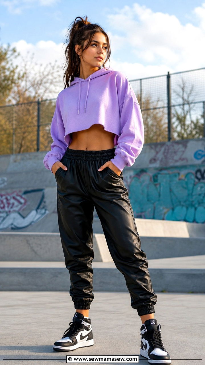 Cropped Hoodie With Leather Joggers And High Top Sneakers - 30 Edgy spring outfits