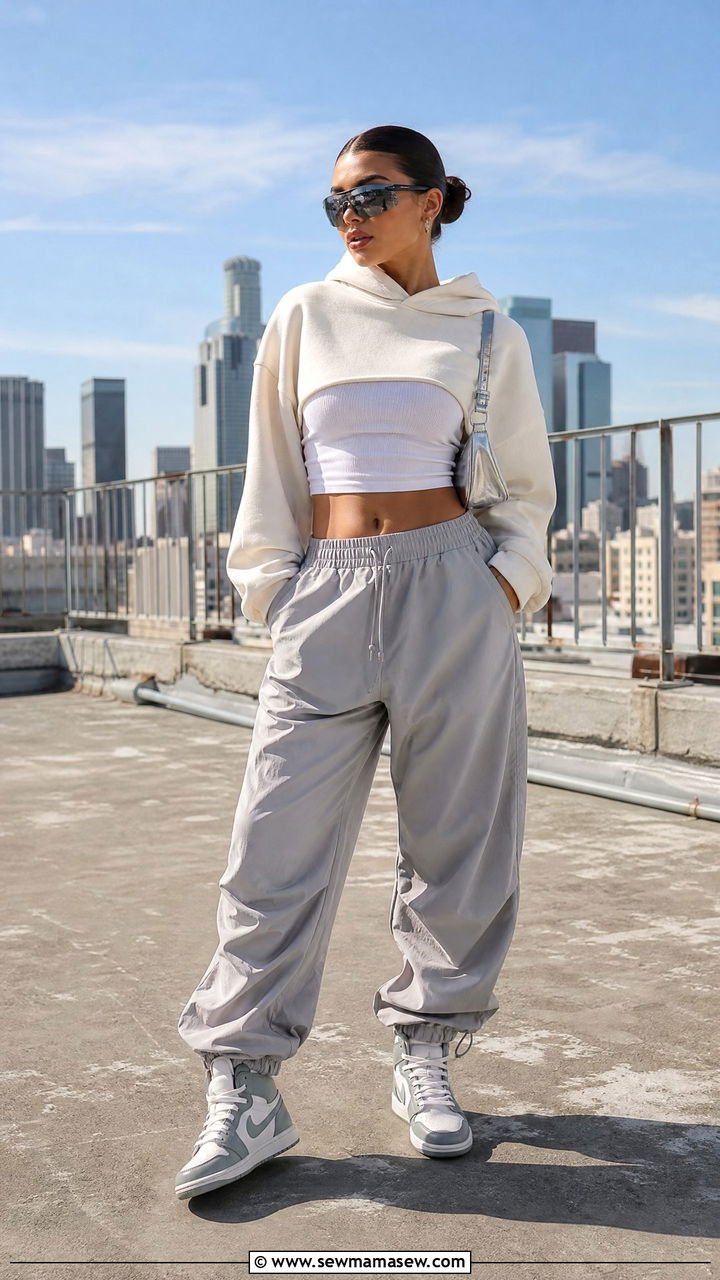 Cropped Hoodie With Parachute Pants - 30 streetwear outfits 2026