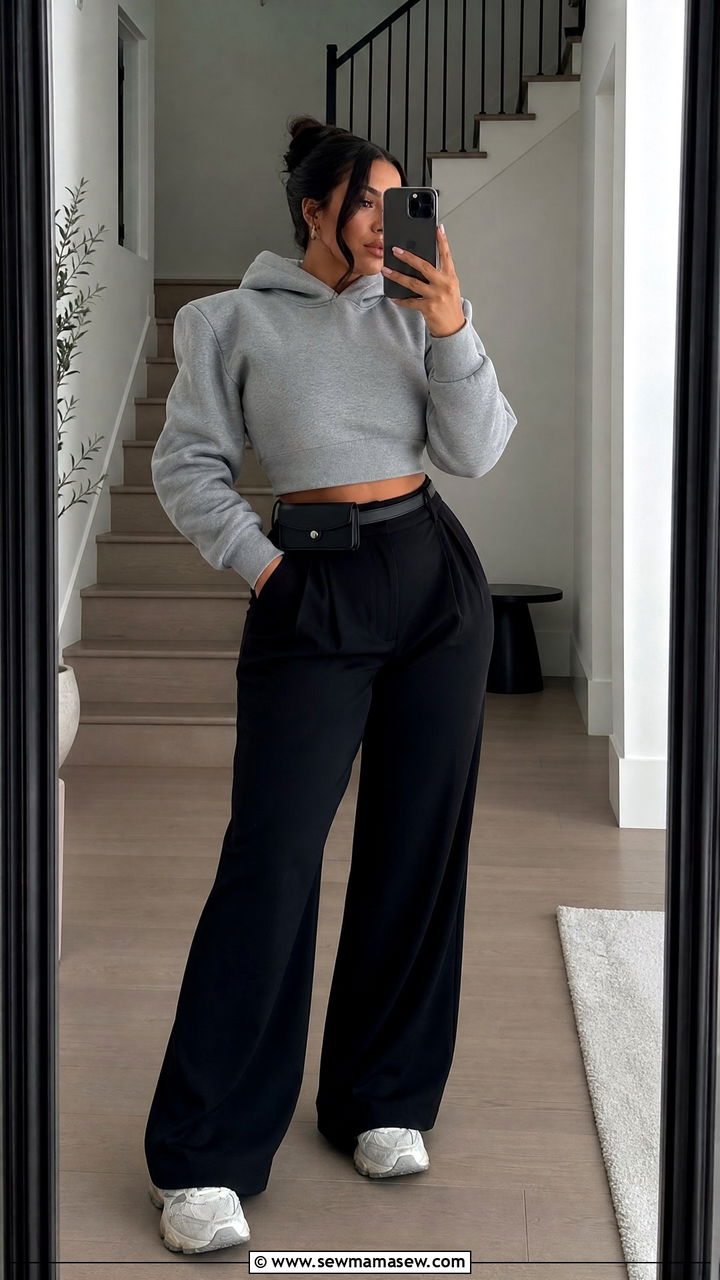 Cropped Hoodie With Wide Leg High Waisted Pants - 25 casual outfits for pear shaped body
