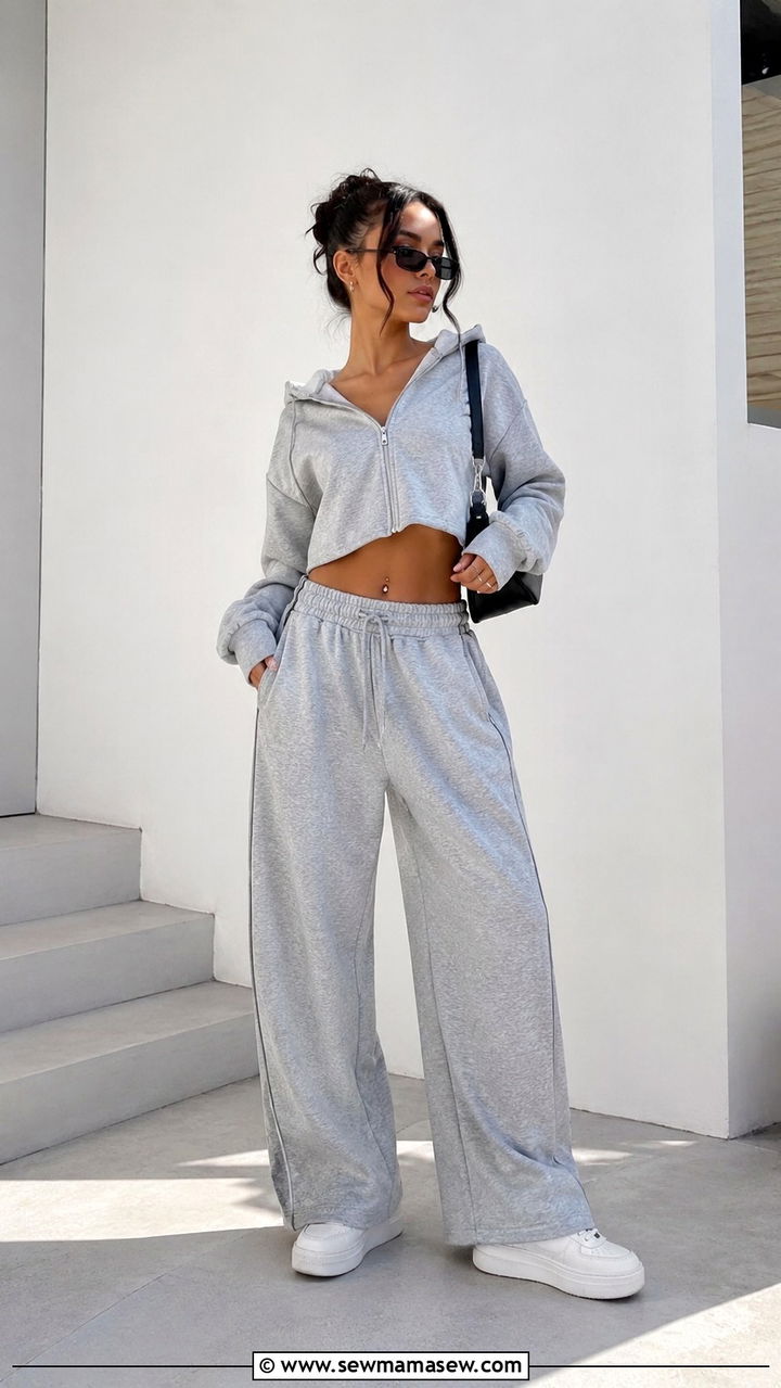 Cropped Hoodie With Wide Leg Track Pants - 30 spring sporty chic outfit ideas