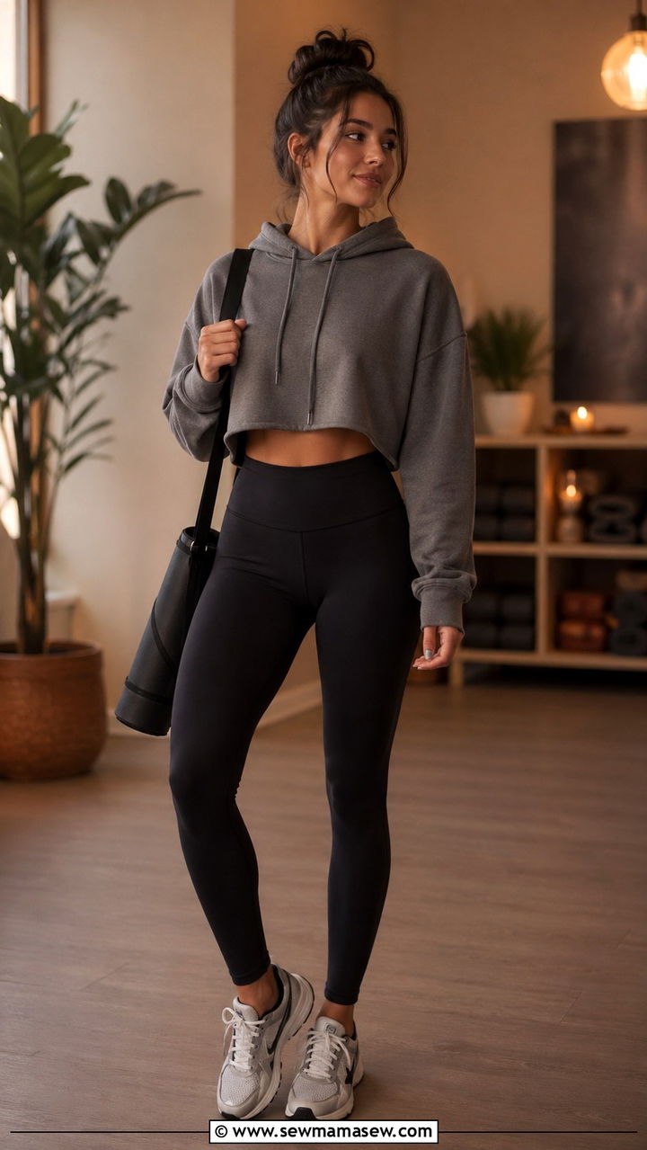 Cropped Hoodie and Compression Leggings - 40 Yoga outfit ideas