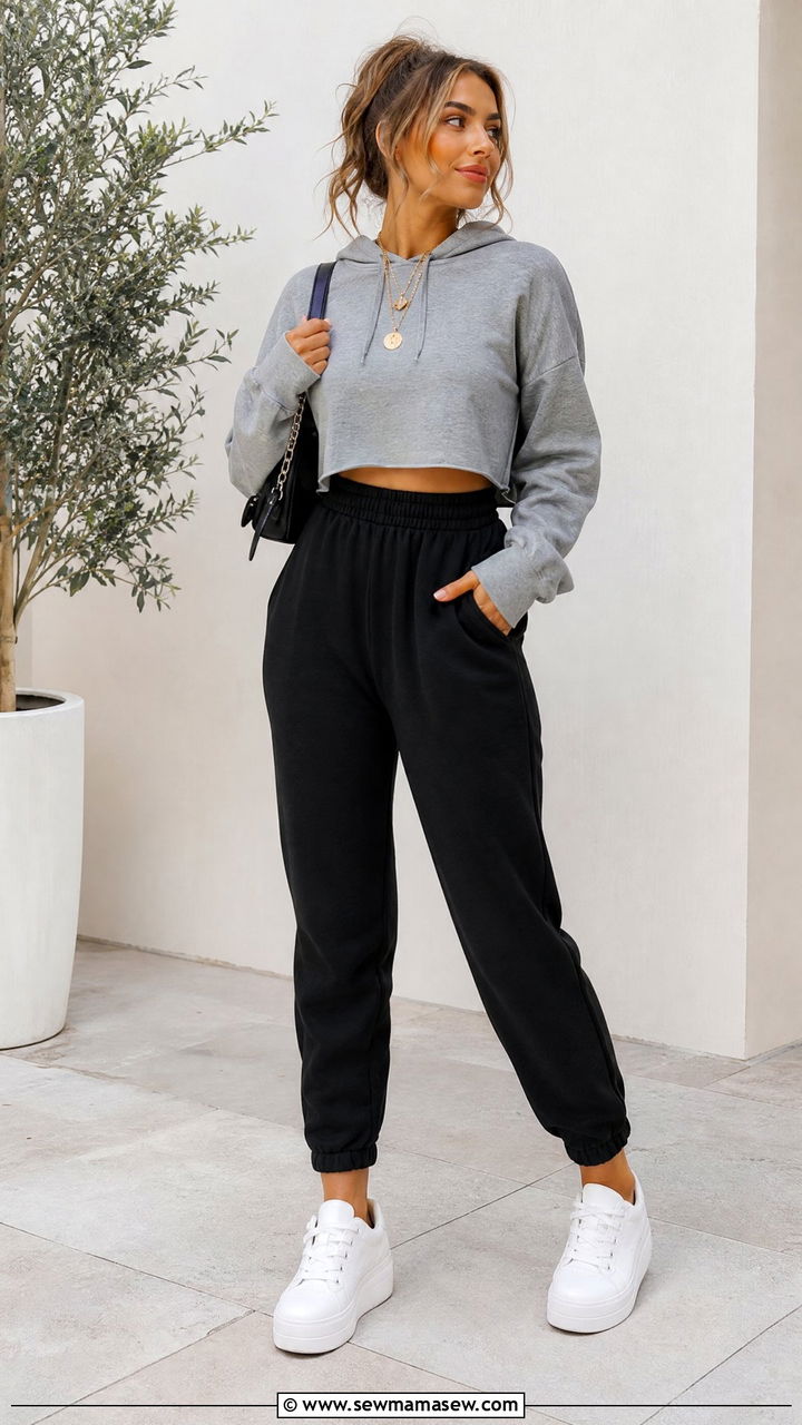 Cropped Hoodie and High Waisted Joggers Set - 25 Hoodie and joggers matching set outfit ideas