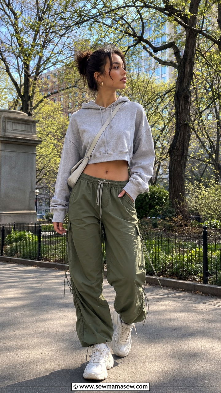 Cropped Hoodie and Parachute Pants Outfit - 30 spring y2k outfit ideas