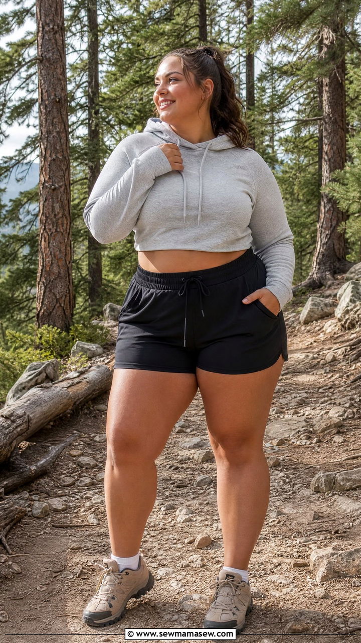 Cropped Hoodie with Drawstring Hiking Shorts - 25 Hiking outfit ideas plus size
