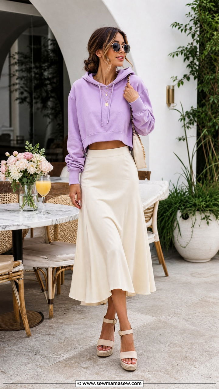 Cropped Hoodie with Flowy Midi Skirt and Platform Sandals - 30 classy sporty chic outfit ideas