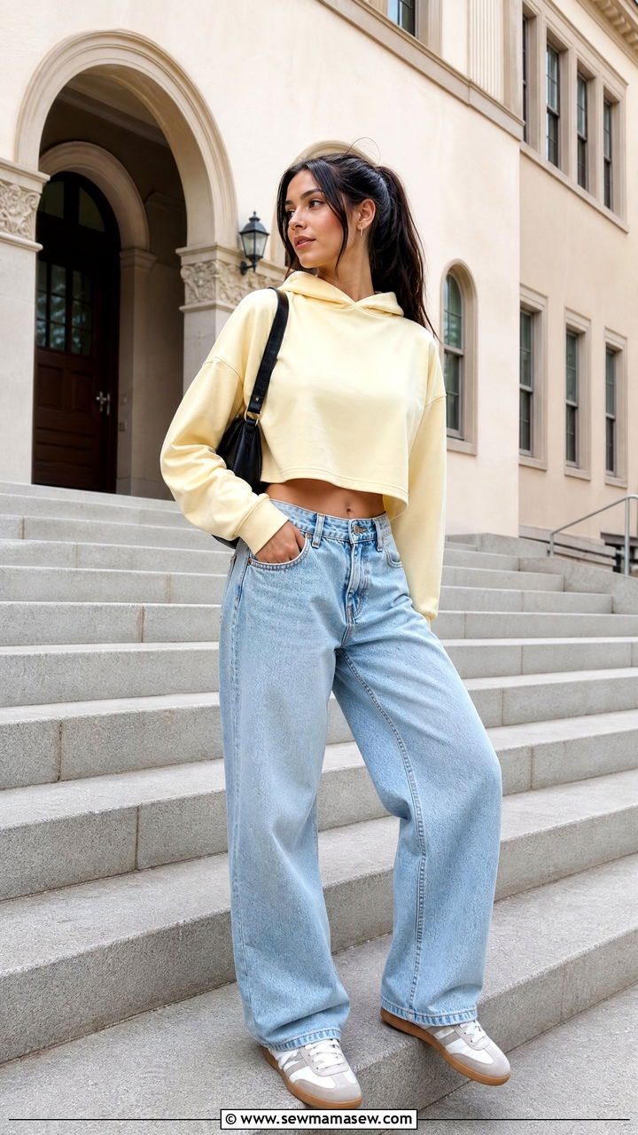 Cropped Hoodie with High Waisted Baggy Jeans - 30 College campus outfit ideas 2026