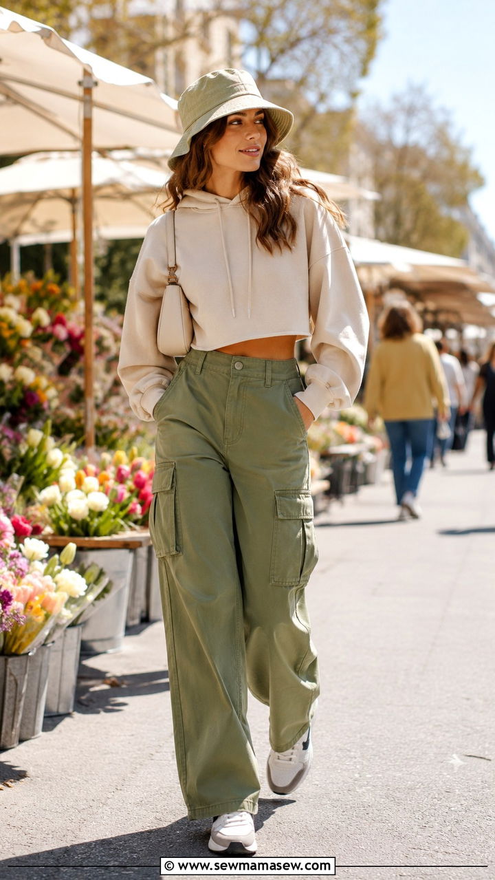 Cropped Hoodie with High Waisted Cargo Pants - 30 spring streetwear outfit ideas