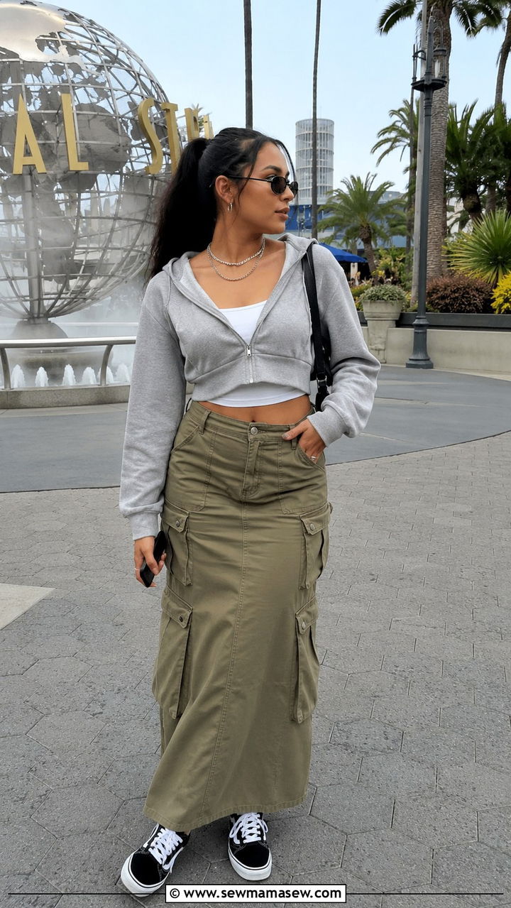 Cropped Hoodie with High Waisted Cargo Skirt - 30 Universal Studios Hollywood outfit ideas