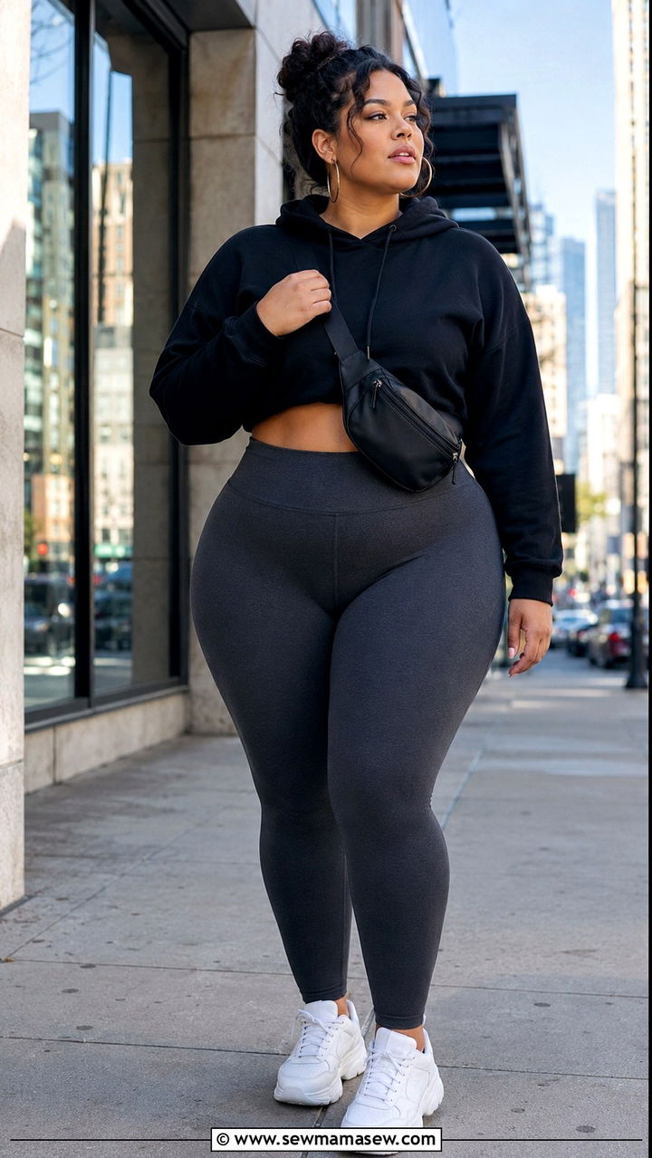 Cropped Hoodie with High Waisted Leggings - 30 Plus size outfit ideas with leggings