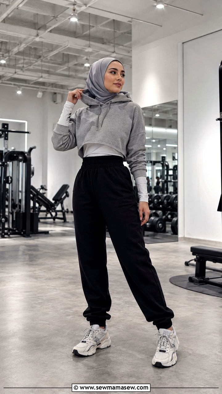 Cropped Hoodie with High Waisted Sweatpants - 25 Modest gym outfit ideas with hijab