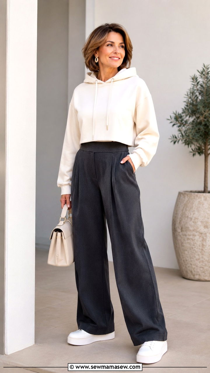 Cropped Hoodie with High Waisted Wide Leg Trousers and Platform Sneakers - 30 Outfit ideas for women over 40 sporty chic