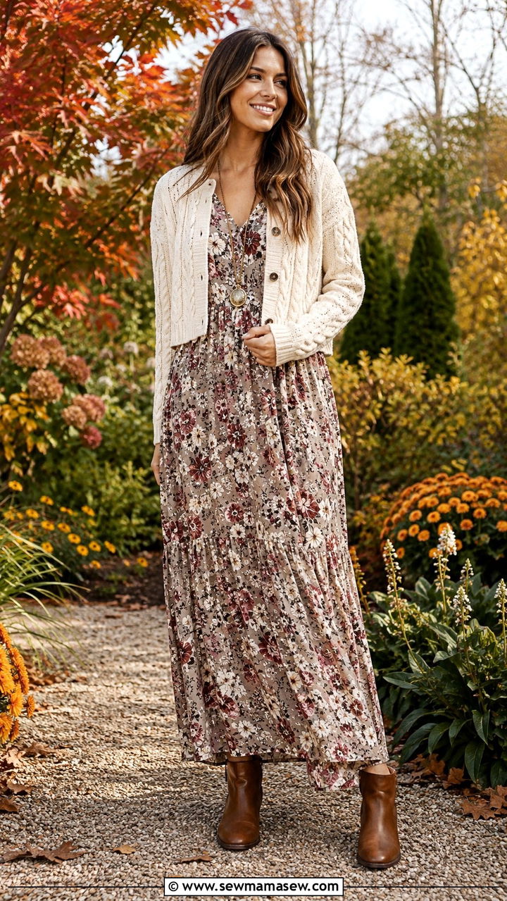 Cropped Ivory Cardigan Over Floral Maxi Dress - 25 Western outfit ideas Taylor Swift country era