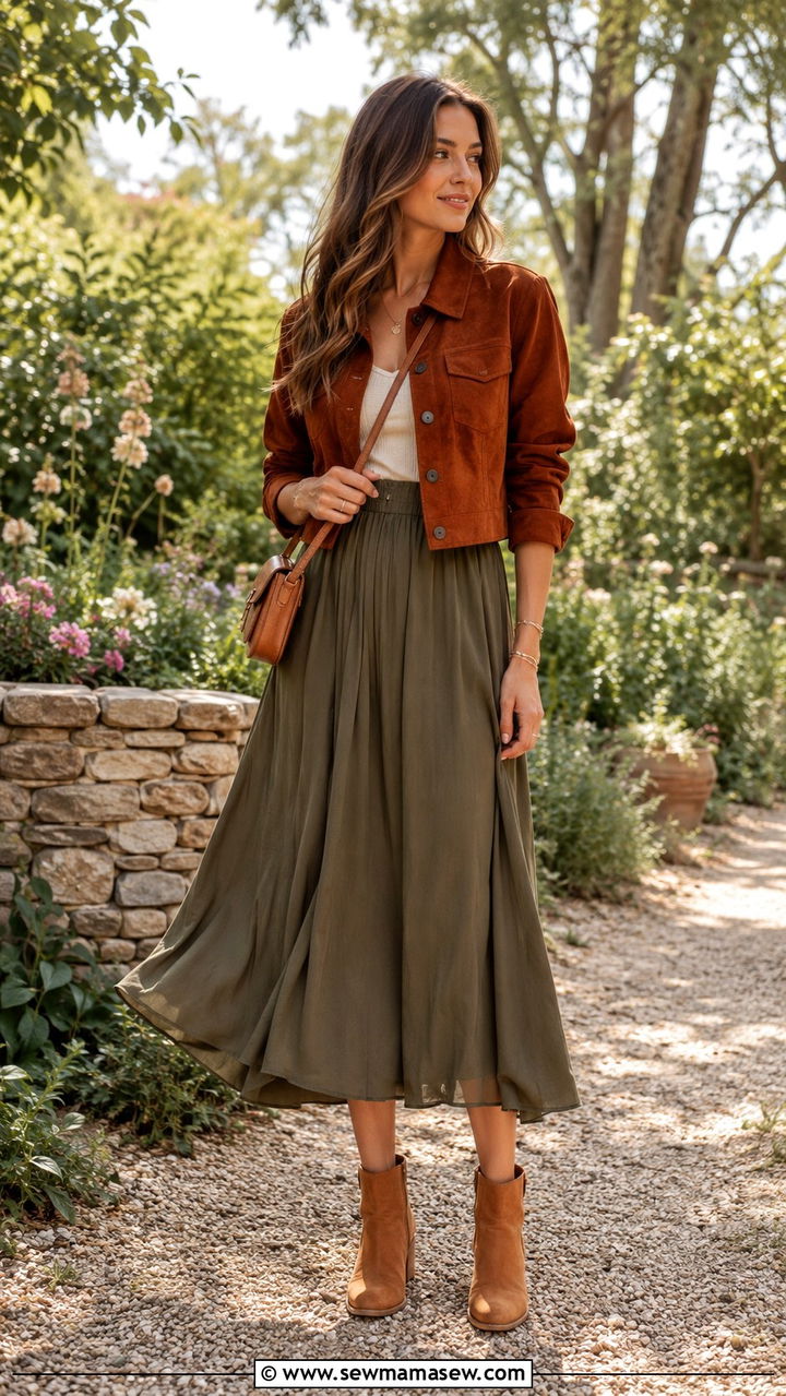 Cropped Jacket With Flowy Midi Skirt - 30 cute summer to fall outfits