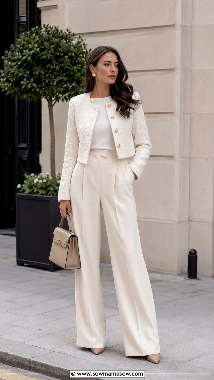 Cropped Jacket With Gold Buttons And Wide Leg Trousers - 30 Old money outfit ideas spring 2026