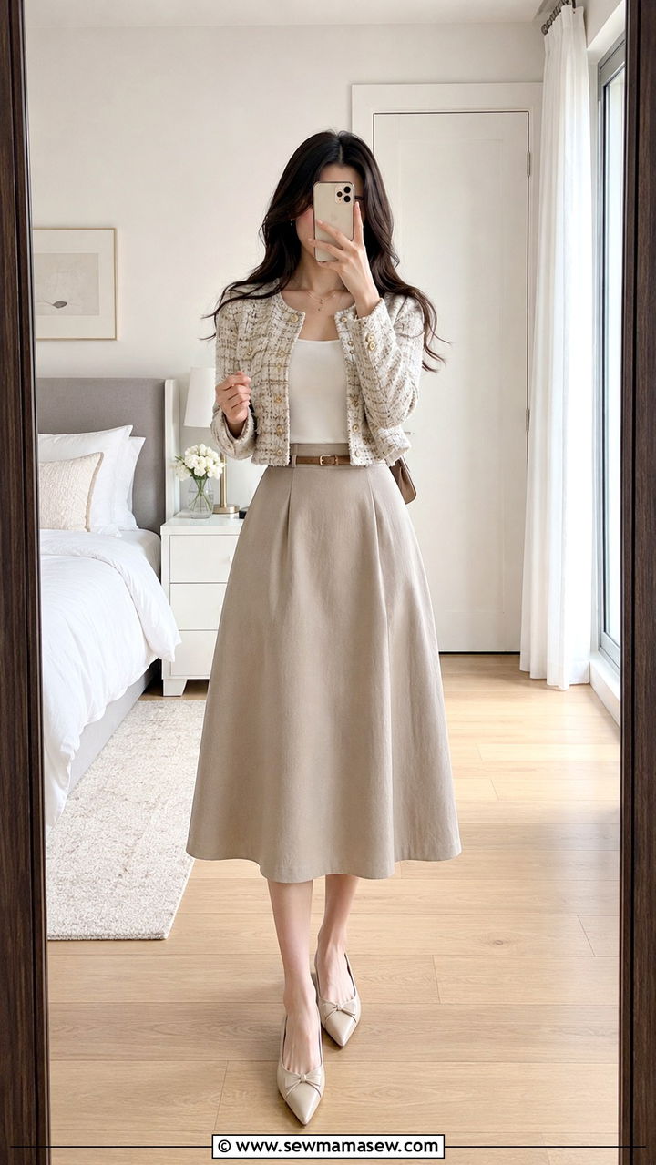 Cropped Jacket With High Waisted Skirt - 30 transitional petite outfit ideas