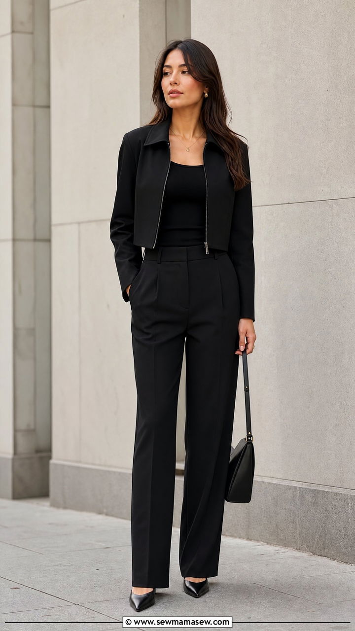 Cropped Jacket With Matching Column Pants And Pointed Toe Flats - 25 Outfit ideas to elongate legs