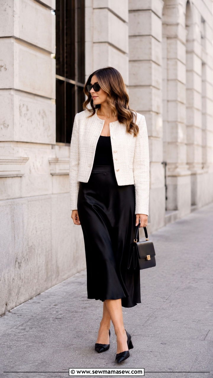 Cropped Jacket With Satin Midi Skirt Workwear - 30 Satin midi skirt outfit ideas for work