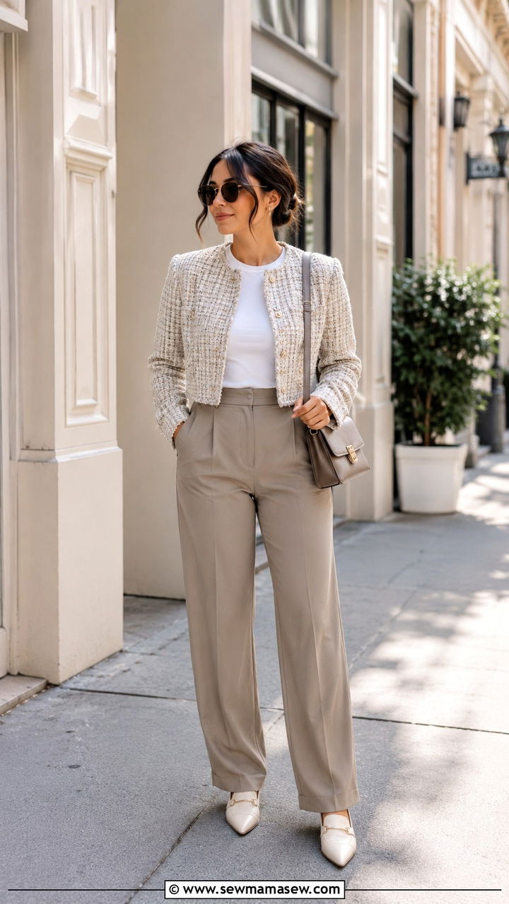 Cropped Jacket With Straight Leg Trousers Outfit - 30 Petite curvy outfit ideas