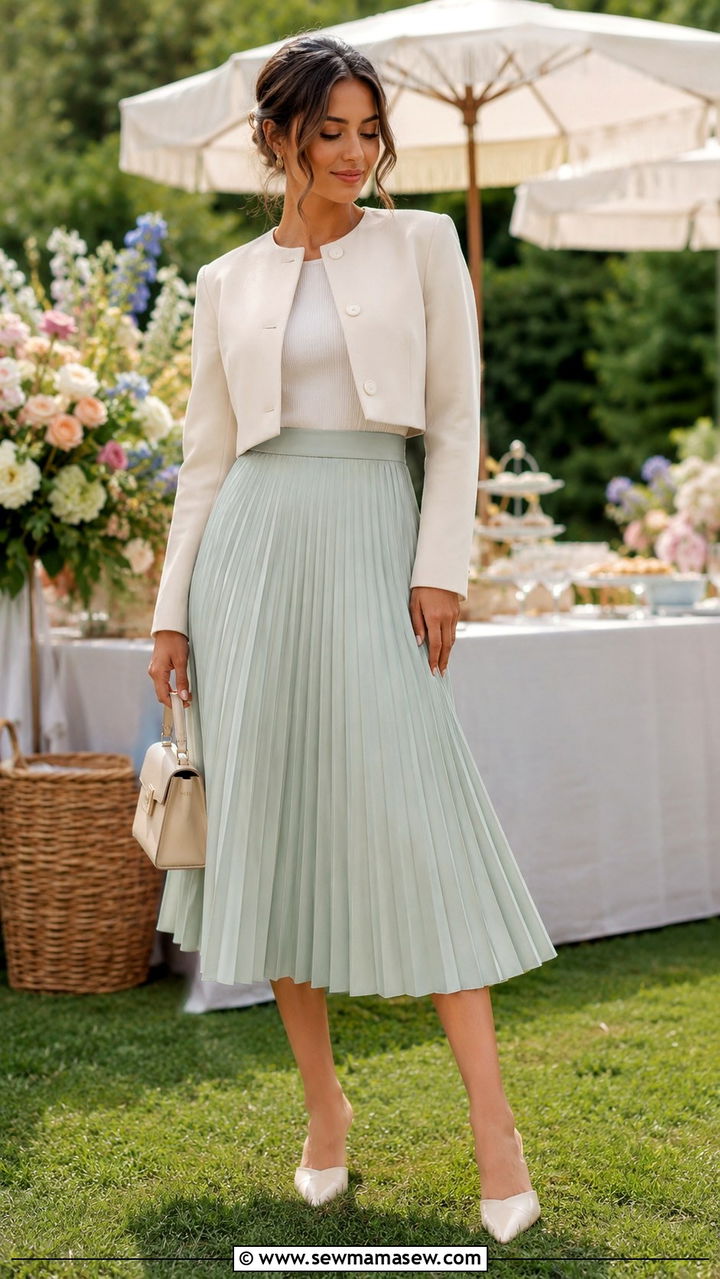 Cropped Jacket With a High Waisted Pleated Midi Skirt - 30 Light jacket weather outfit ideas