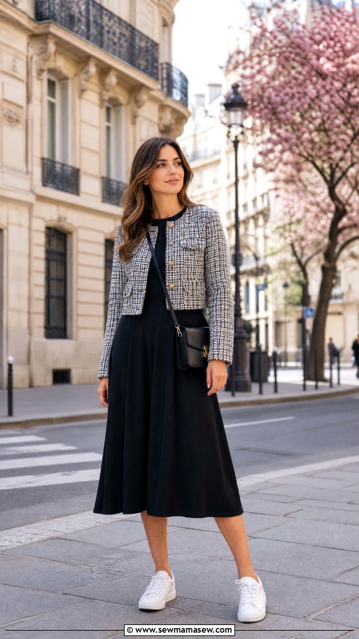 Cropped Jacket and Midi Dress with Sneakers - 30 classy Europe travel outfits